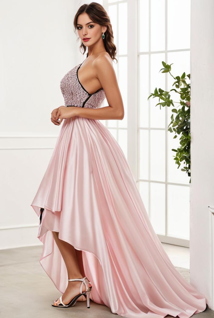 sequin bodice tulle high low evening dress with ribbon waist 103494