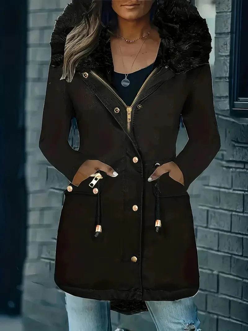 Faux Fur Trim Parka Coat with Hood and Drawstring
