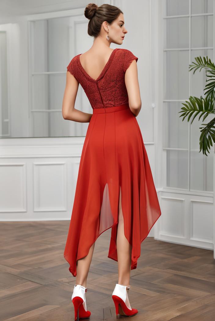deep v neck lace chiffon bridesmaid dress with asymmetrical hem 110855
