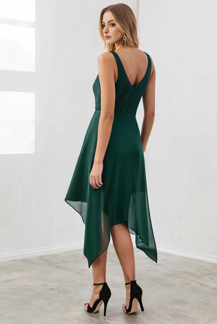 deep v neck lace chiffon bridesmaid dress with asymmetrical hem 110874