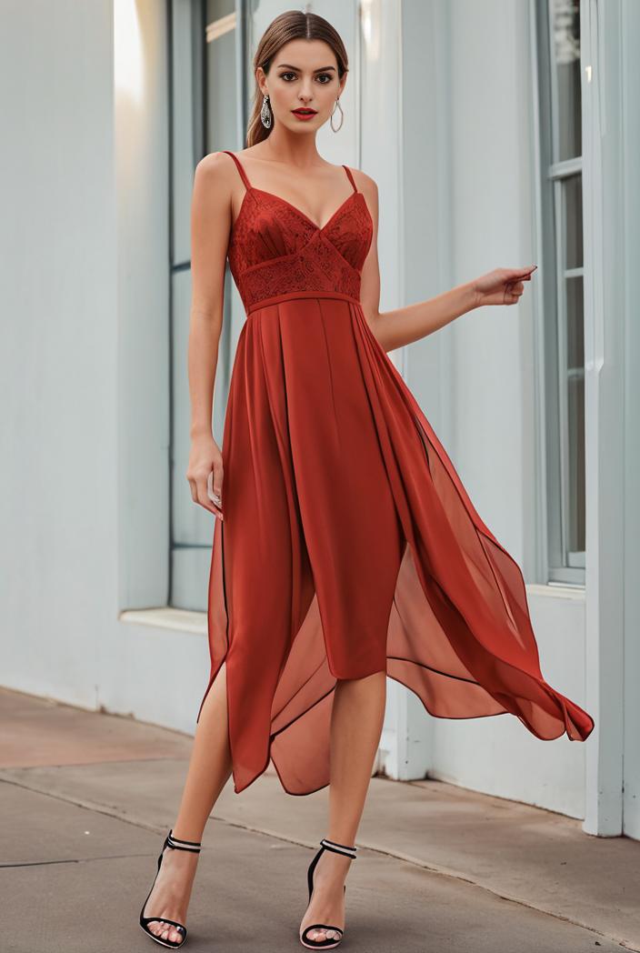 deep v neck lace chiffon bridesmaid dress with asymmetrical hem 110880