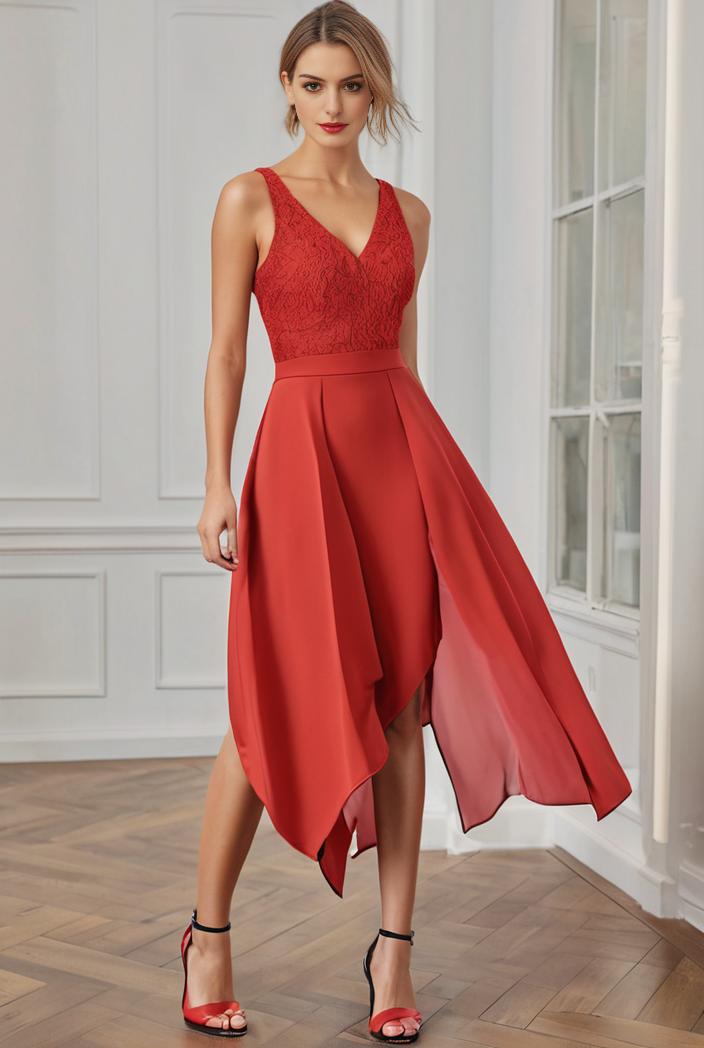 deep v neck lace chiffon bridesmaid dress with asymmetrical hem 110884