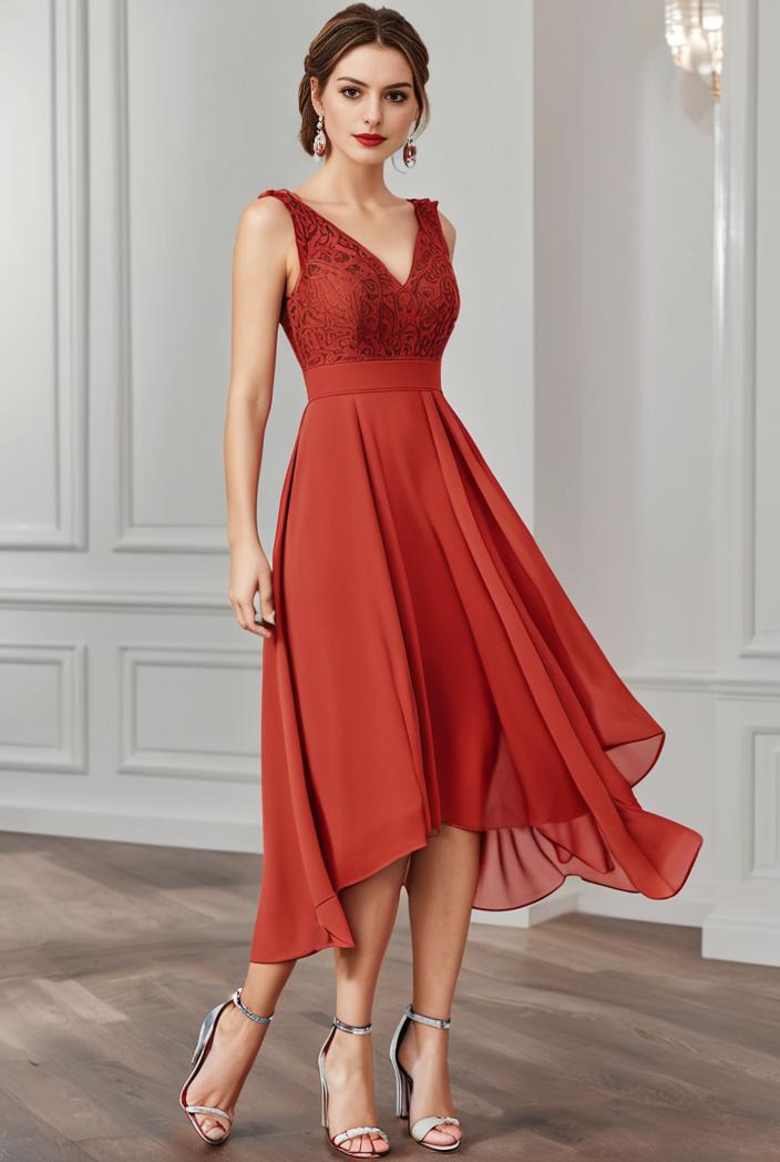deep v neck lace chiffon bridesmaid dress with asymmetrical hem 110885