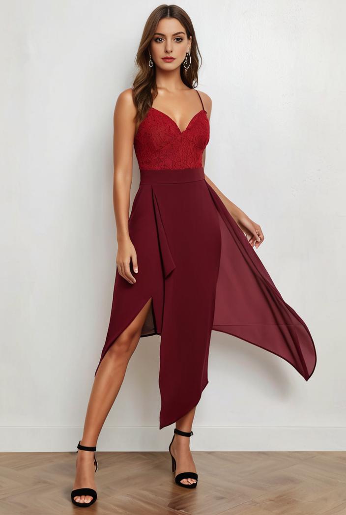 deep v neck lace chiffon bridesmaid dress with asymmetrical hem 110898