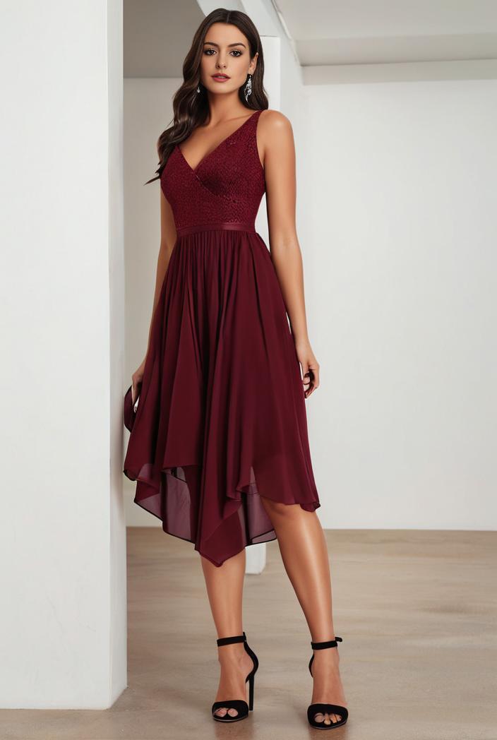 deep v neck lace chiffon bridesmaid dress with asymmetrical hem 110942