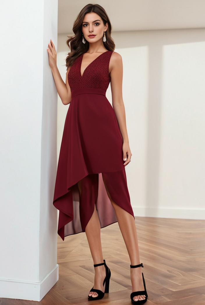 deep v neck lace chiffon bridesmaid dress with asymmetrical hem 110947