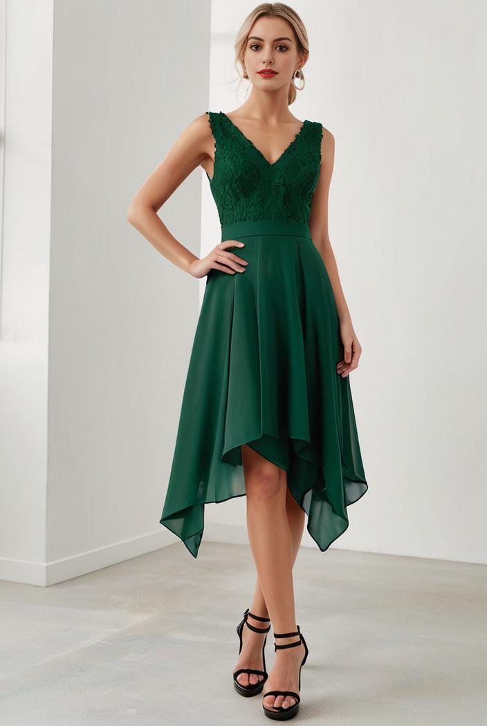 deep v neck lace chiffon bridesmaid dress with asymmetrical hem 110950