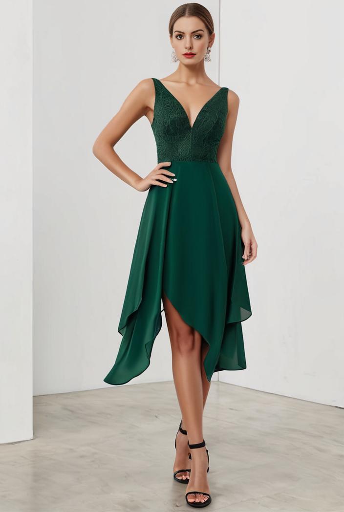 deep v neck lace chiffon bridesmaid dress with asymmetrical hem 110953