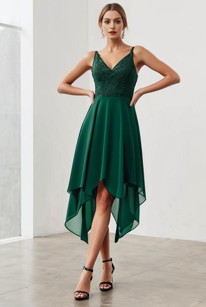 deep v neck lace chiffon bridesmaid dress with asymmetrical hem 111025