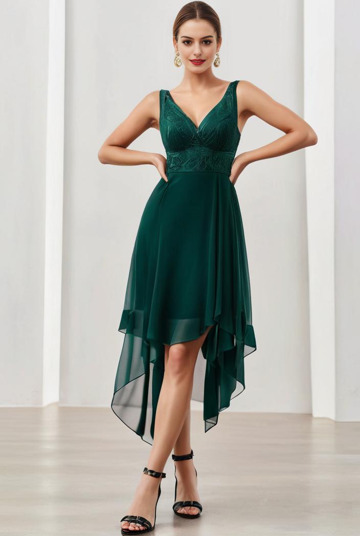 deep v neck lace chiffon bridesmaid dress with asymmetrical hem 111027