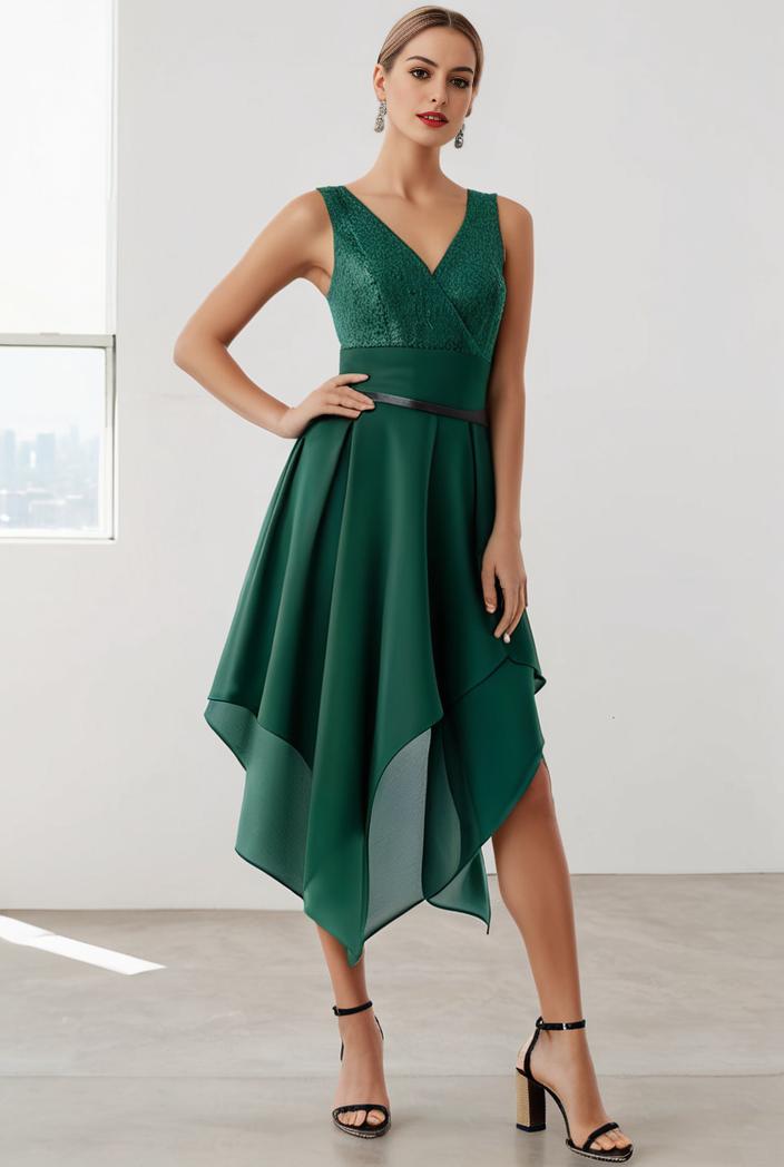 deep v neck lace chiffon bridesmaid dress with asymmetrical hem 111053