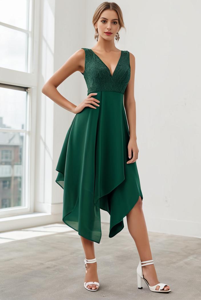 deep v neck lace chiffon bridesmaid dress with asymmetrical hem 111060