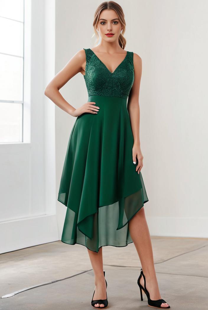 deep v neck lace chiffon bridesmaid dress with asymmetrical hem 111057
