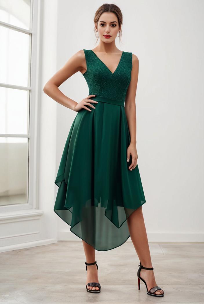 deep v neck lace chiffon bridesmaid dress with asymmetrical hem 111058