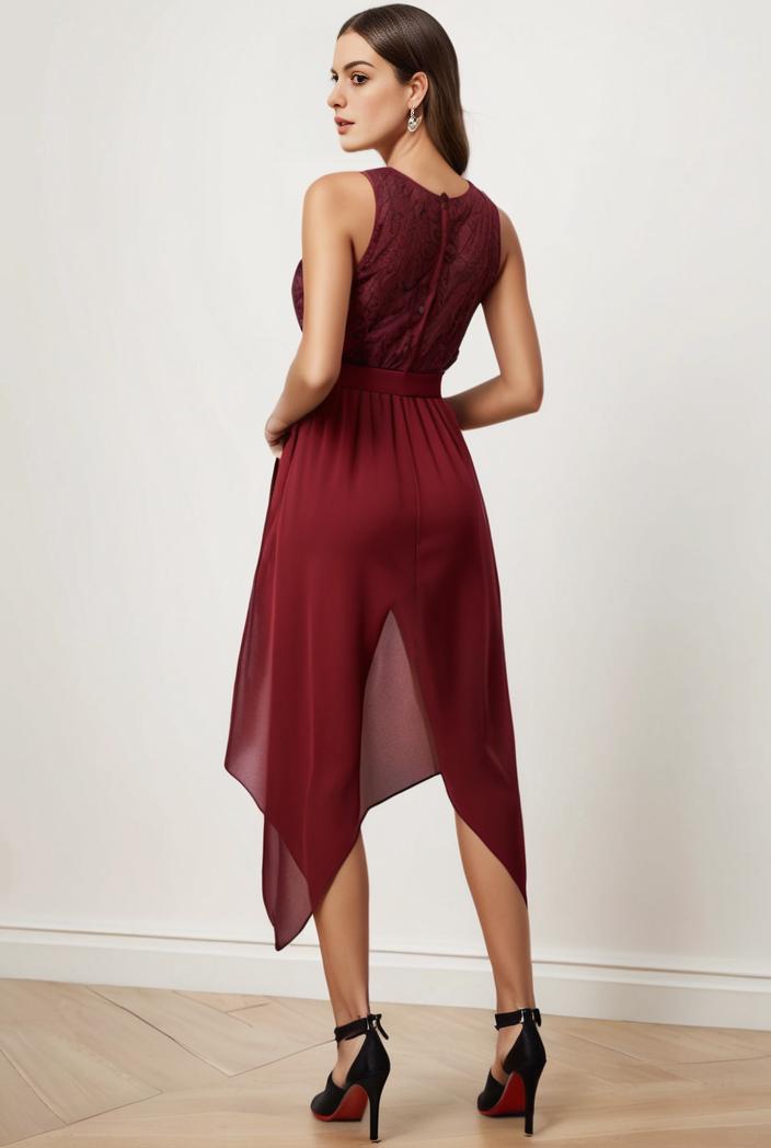deep v neck lace chiffon bridesmaid dress with asymmetrical hem 111078