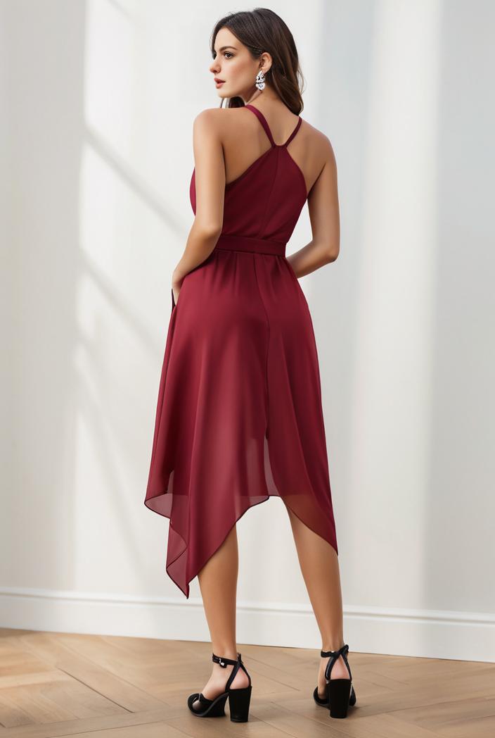 deep v neck lace chiffon bridesmaid dress with asymmetrical hem 111080