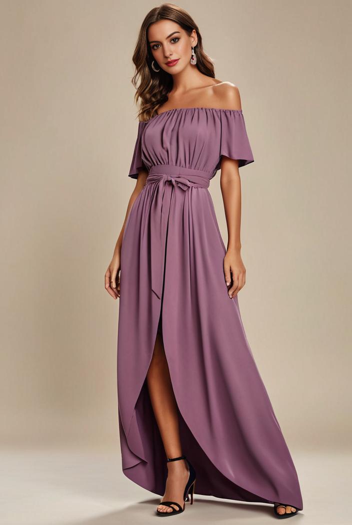 elegant chiffon high low off the shoulder bridesmaid dress 111816