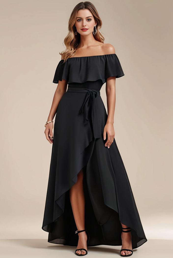 elegant chiffon high low off the shoulder bridesmaid dress 111846