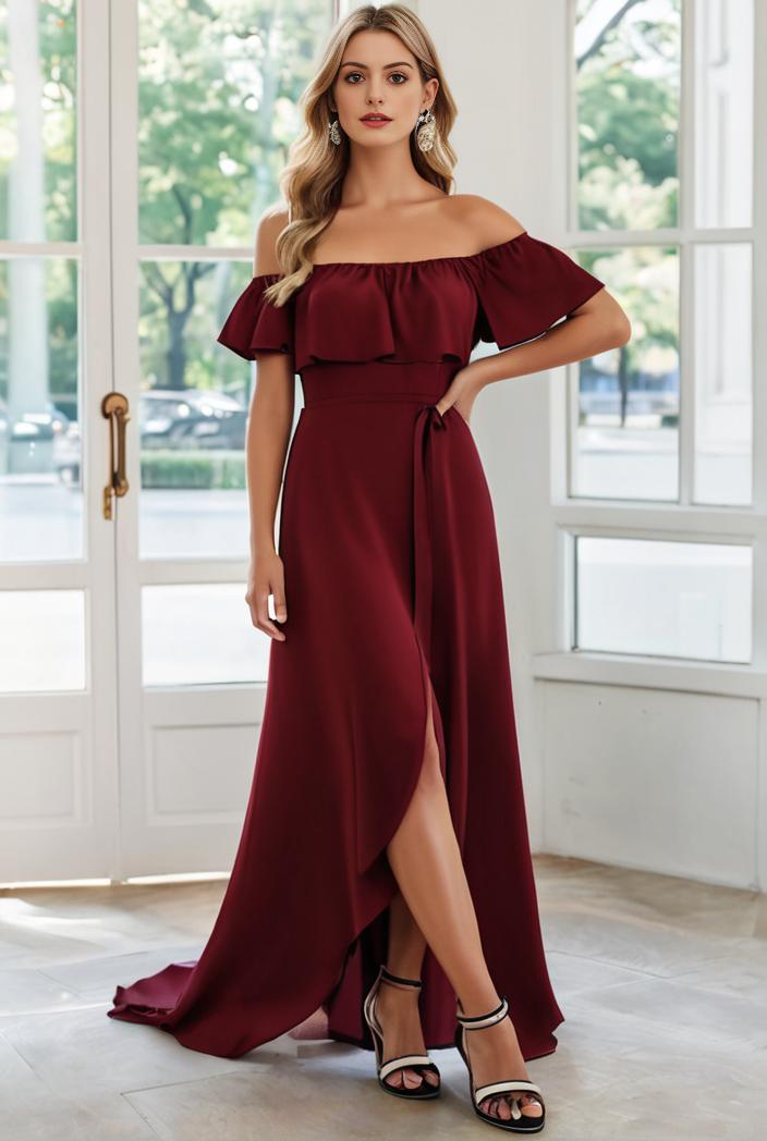 elegant chiffon high low off the shoulder bridesmaid dress 111857