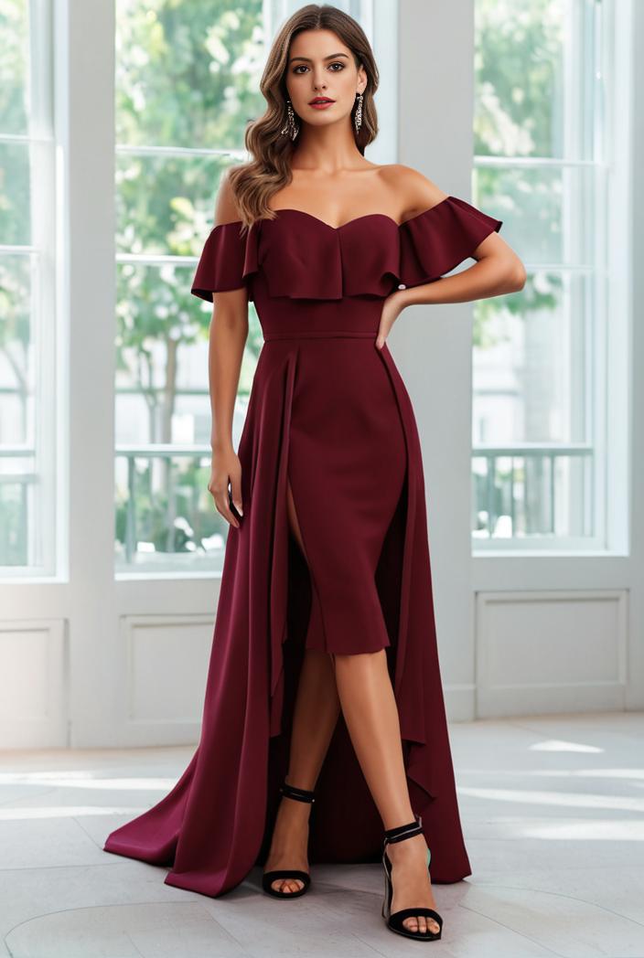elegant chiffon high low off the shoulder bridesmaid dress 111861