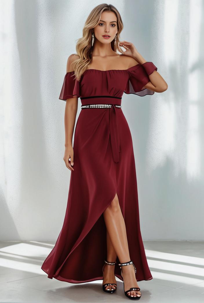 elegant chiffon high low off the shoulder bridesmaid dress 111863