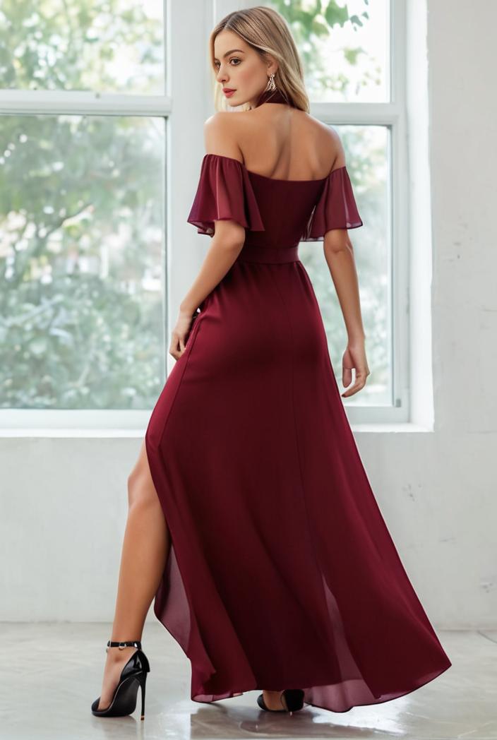 elegant chiffon high low off the shoulder bridesmaid dress 111871
