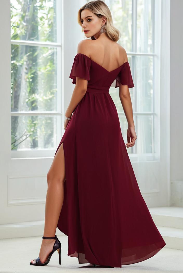 elegant chiffon high low off the shoulder bridesmaid dress 111876