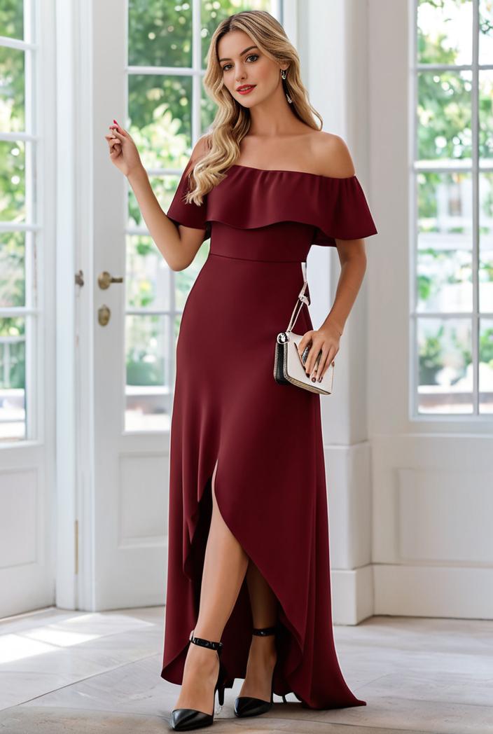 elegant chiffon high low off the shoulder bridesmaid dress 111881