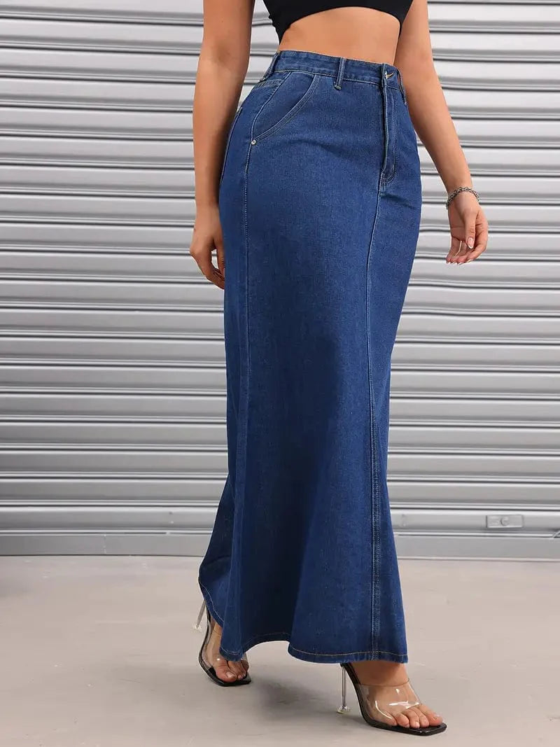 Versatile Women's Denim Maxi Skirt with Slant Pockets