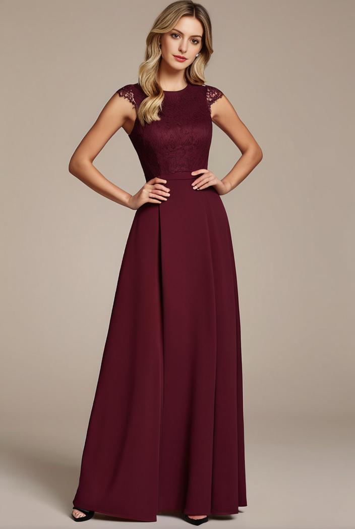 elegant chiffon maxi evening dress with lace cap sleeve 112004