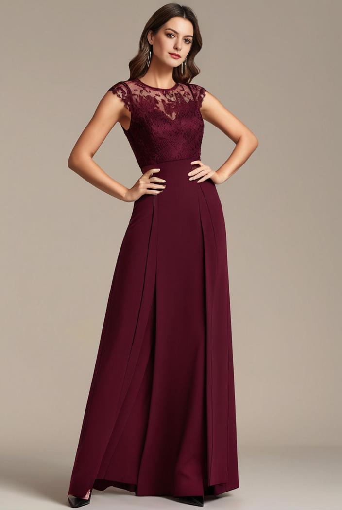 elegant chiffon maxi evening dress with lace cap sleeve 112002
