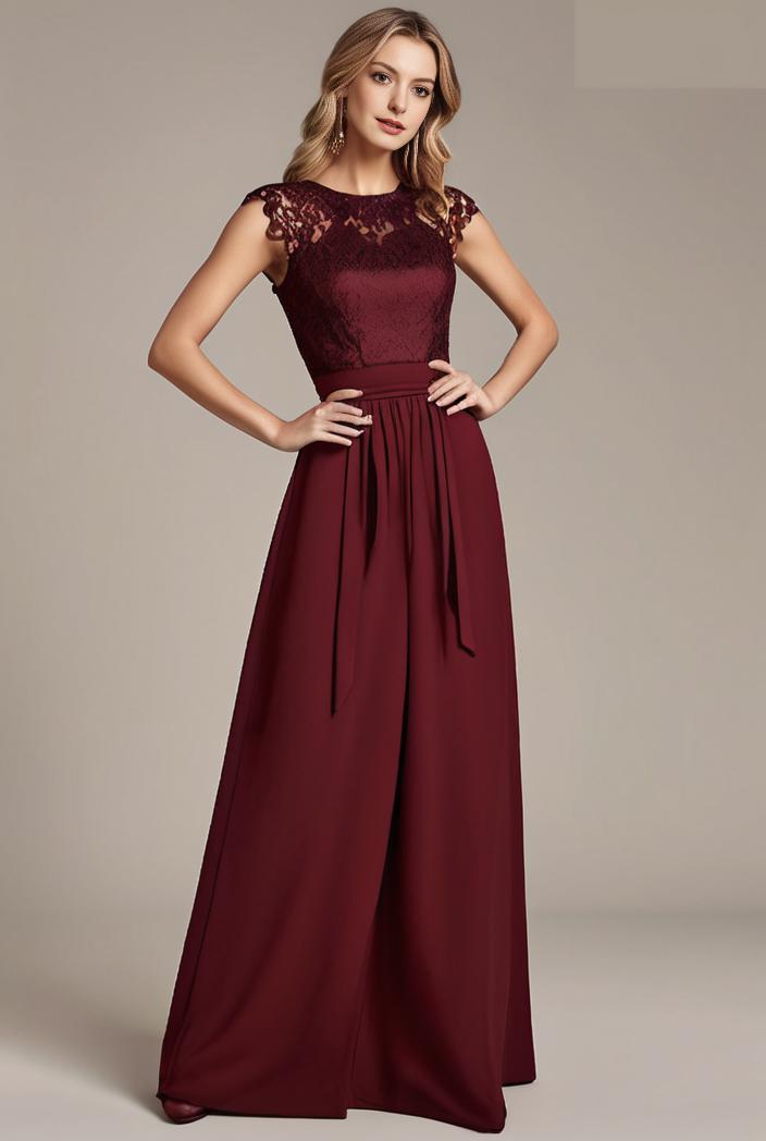 elegant chiffon maxi evening dress with lace cap sleeve 112003