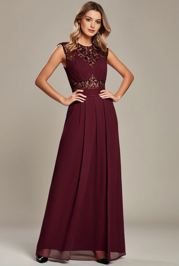 elegant chiffon maxi evening dress with lace cap sleeve 112001