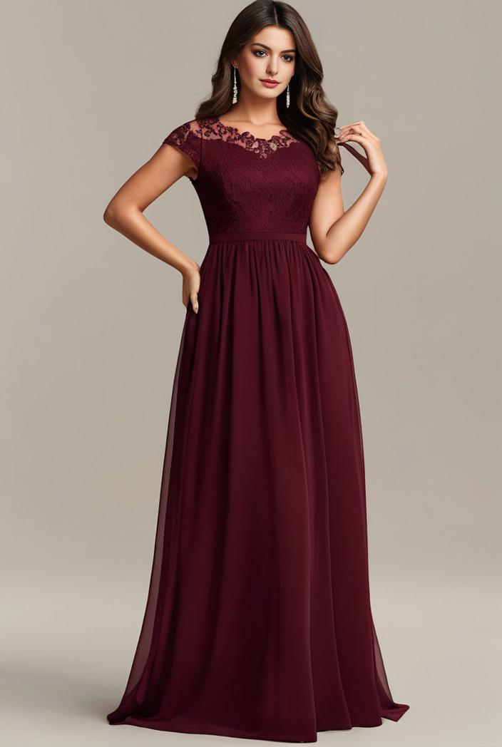 elegant chiffon maxi evening dress with lace cap sleeve 112026