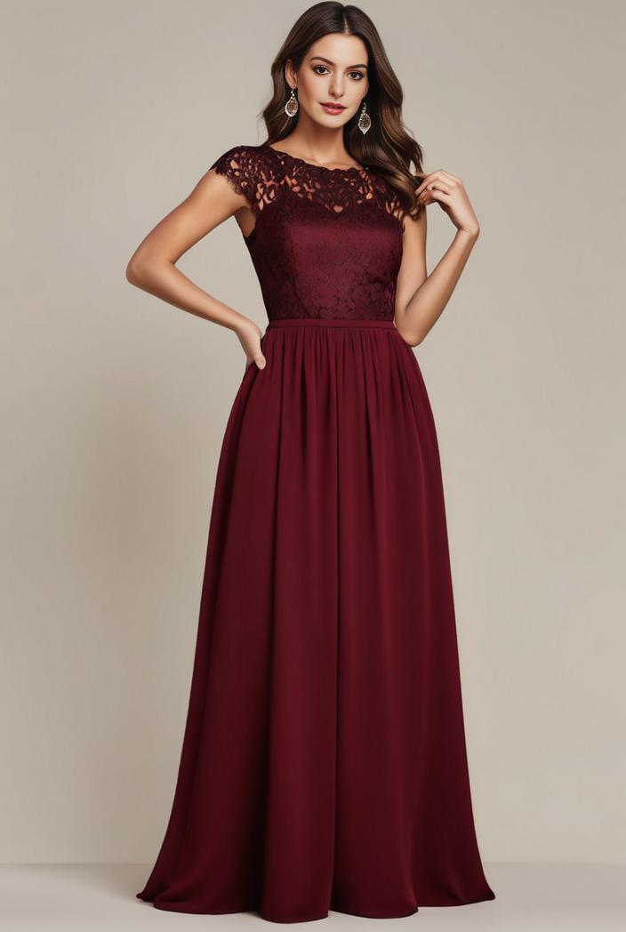 elegant chiffon maxi evening dress with lace cap sleeve 112027