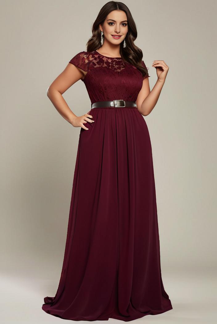 elegant chiffon maxi evening dress with lace cap sleeve 112028