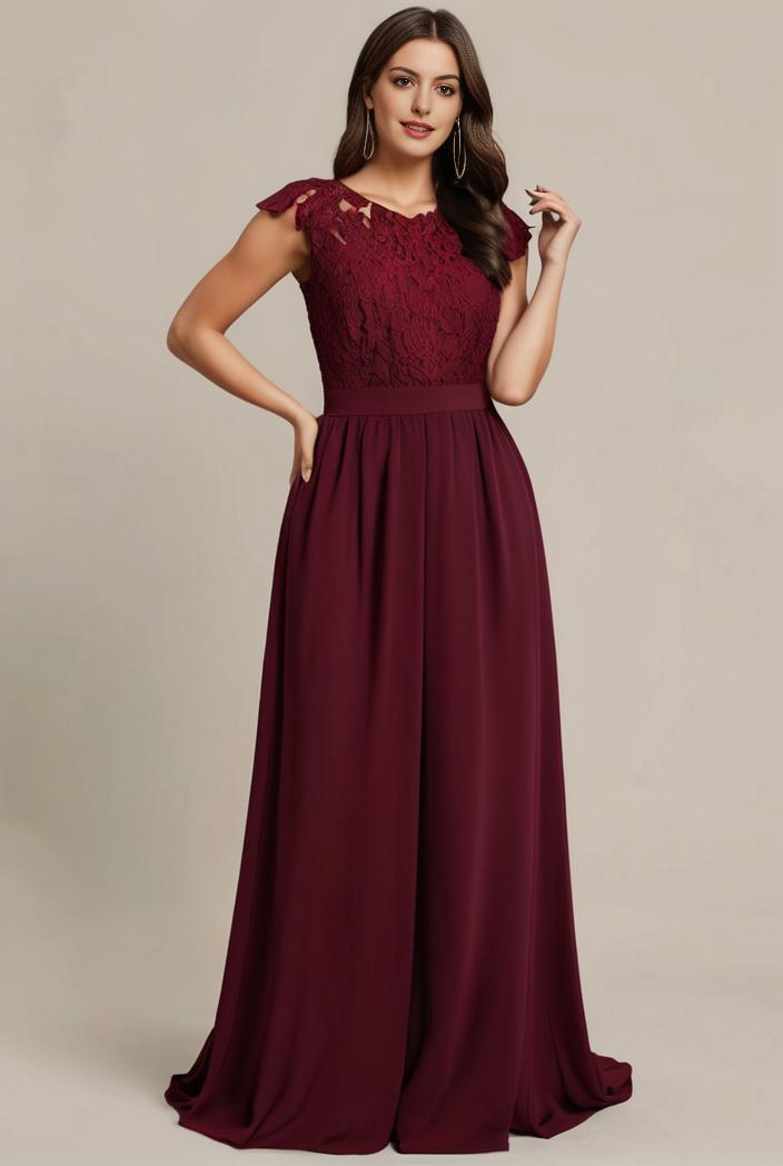 elegant chiffon maxi evening dress with lace cap sleeve 112029