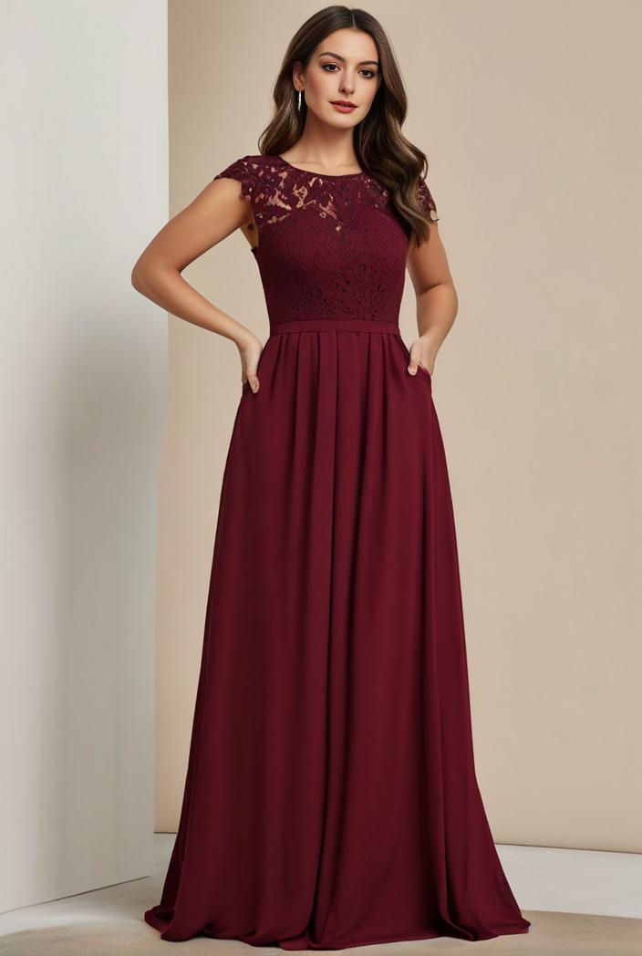 elegant chiffon maxi evening dress with lace cap sleeve 112030