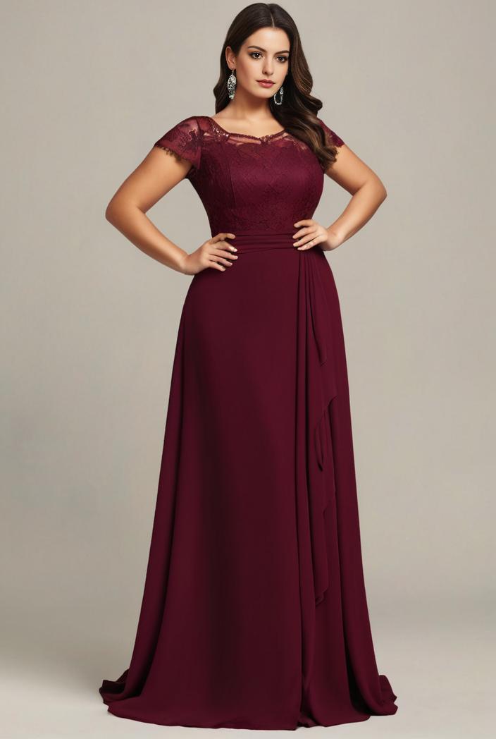 elegant chiffon maxi evening dress with lace cap sleeve 112031