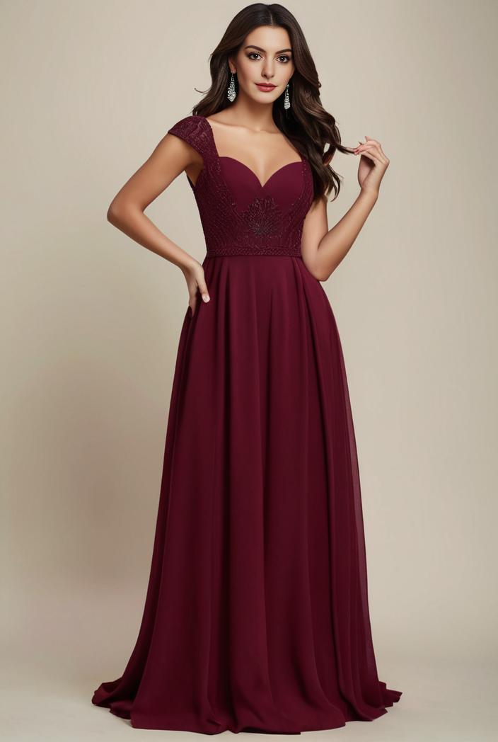 elegant chiffon maxi evening dress with lace cap sleeve 112032