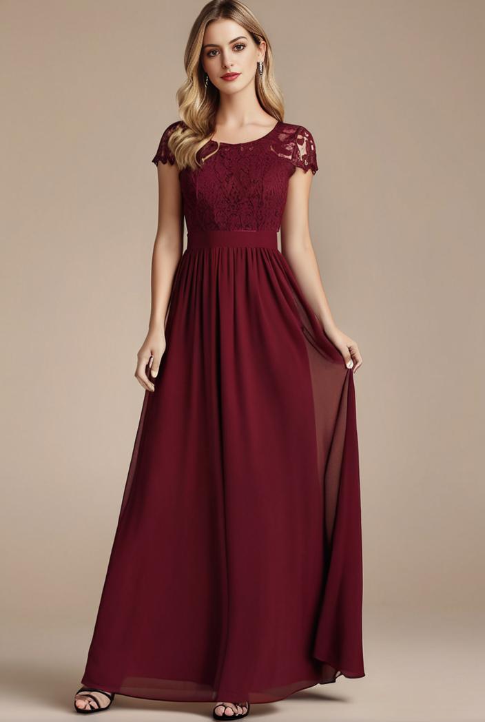 elegant chiffon maxi evening dress with lace cap sleeve 112033