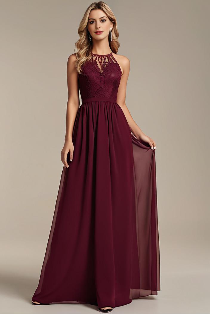 elegant chiffon maxi evening dress with lace cap sleeve 112034