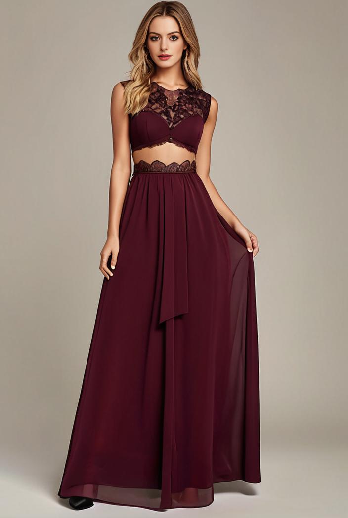 elegant chiffon maxi evening dress with lace cap sleeve 112036