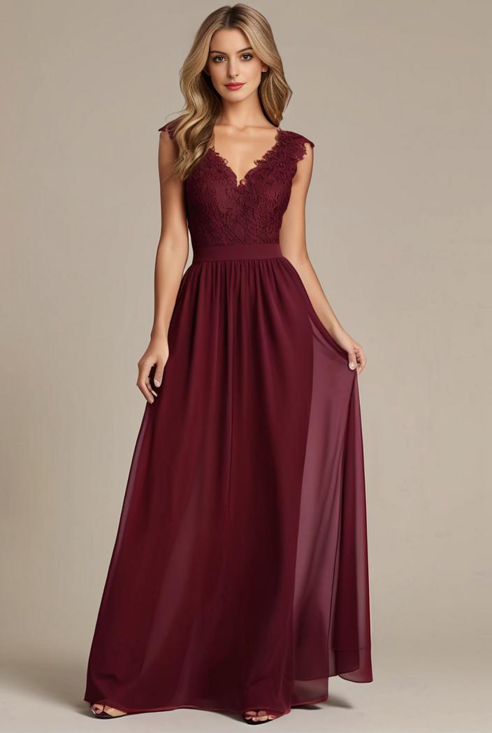 elegant chiffon maxi evening dress with lace cap sleeve 112038