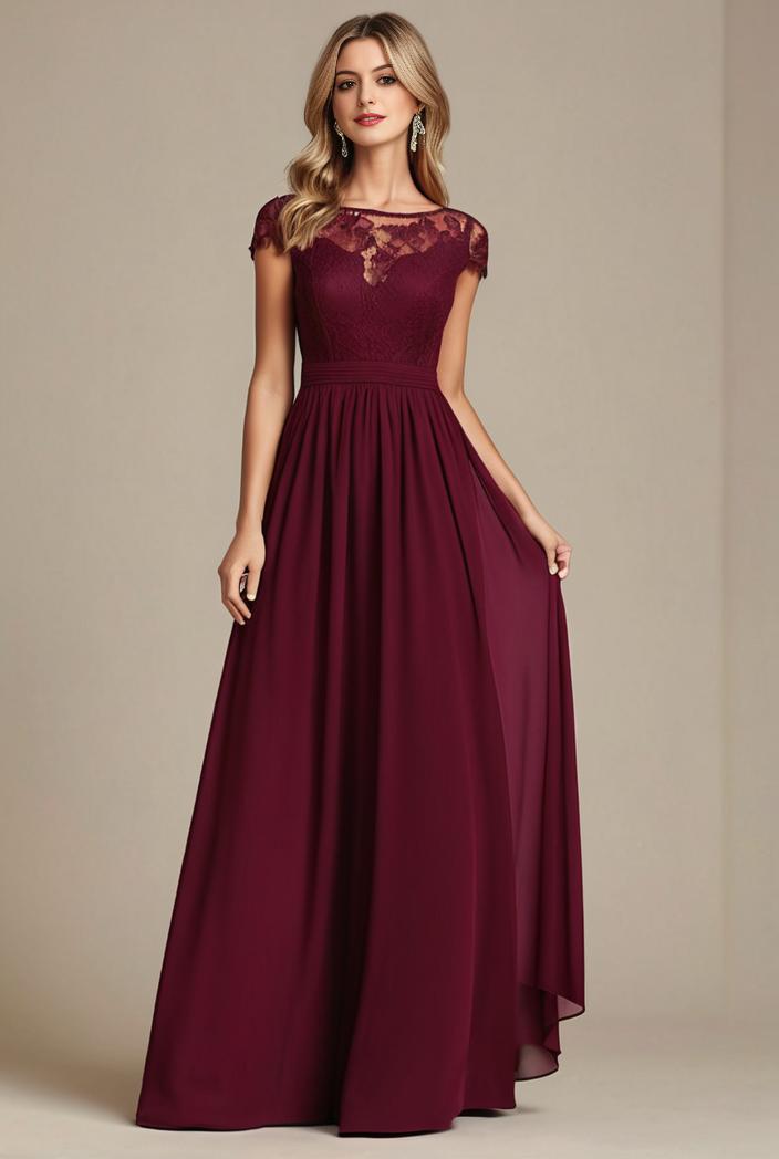 elegant chiffon maxi evening dress with lace cap sleeve 112039