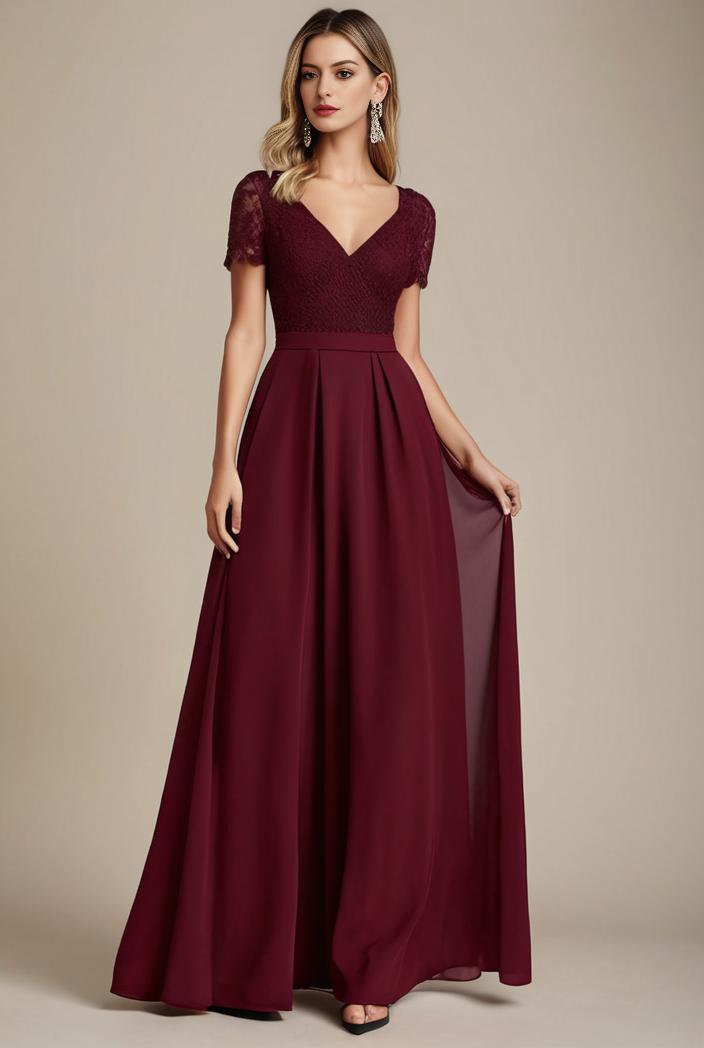 elegant chiffon maxi evening dress with lace cap sleeve 112037