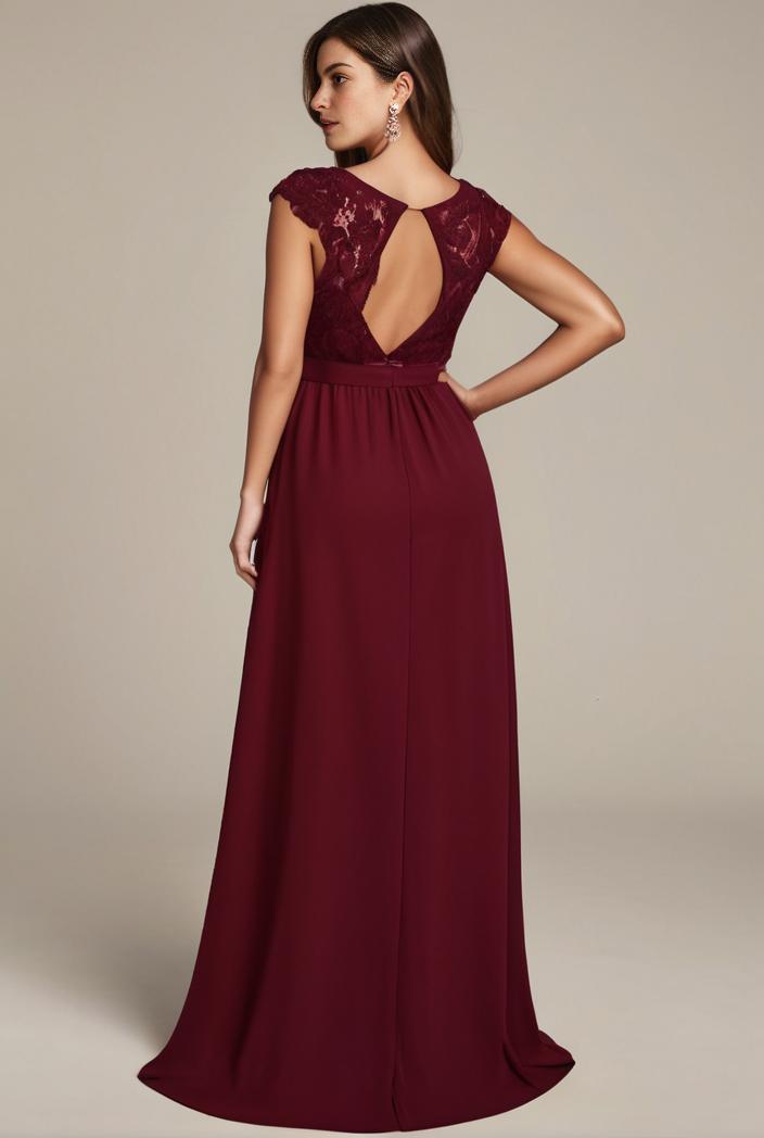 elegant chiffon maxi evening dress with lace cap sleeve 112041