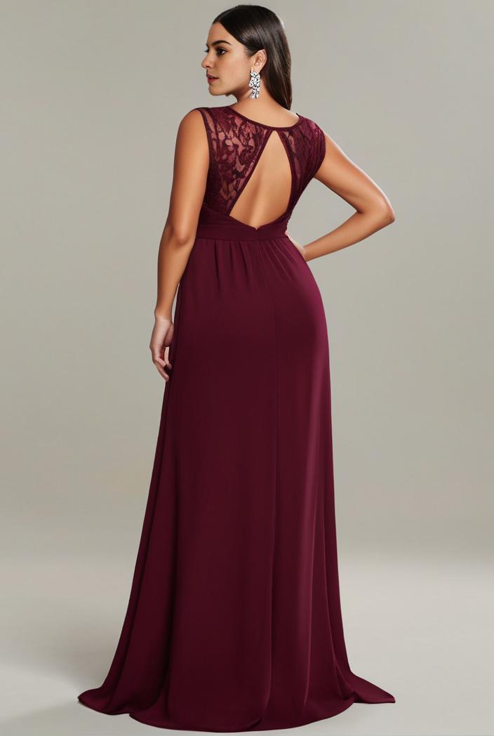 elegant chiffon maxi evening dress with lace cap sleeve 112042
