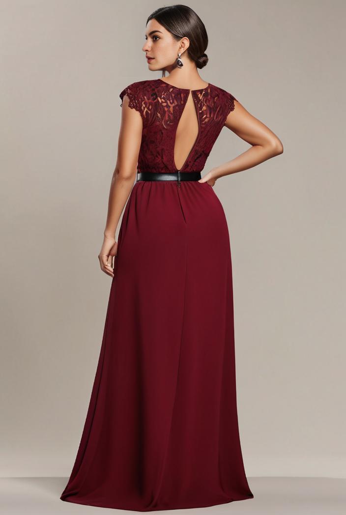 elegant chiffon maxi evening dress with lace cap sleeve 112043