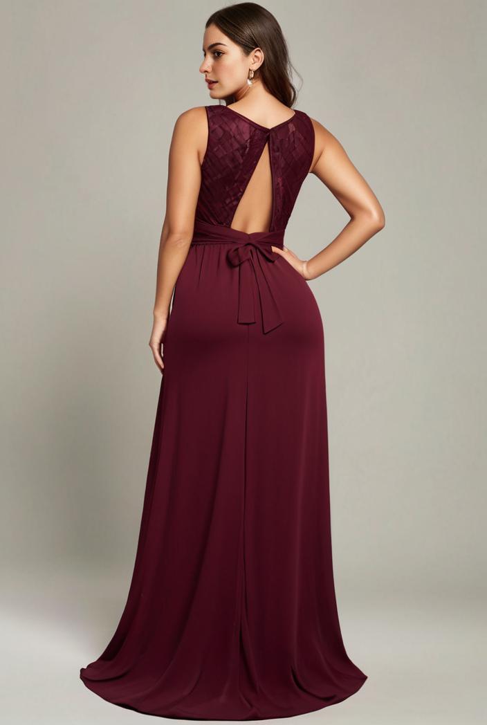 elegant chiffon maxi evening dress with lace cap sleeve 112044